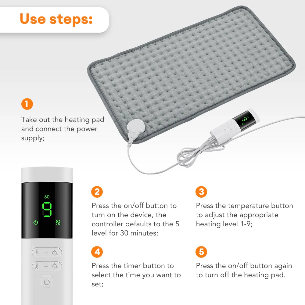 Electric Heating Pad - 9 Temperature Levels for Pain Relief & Warmth